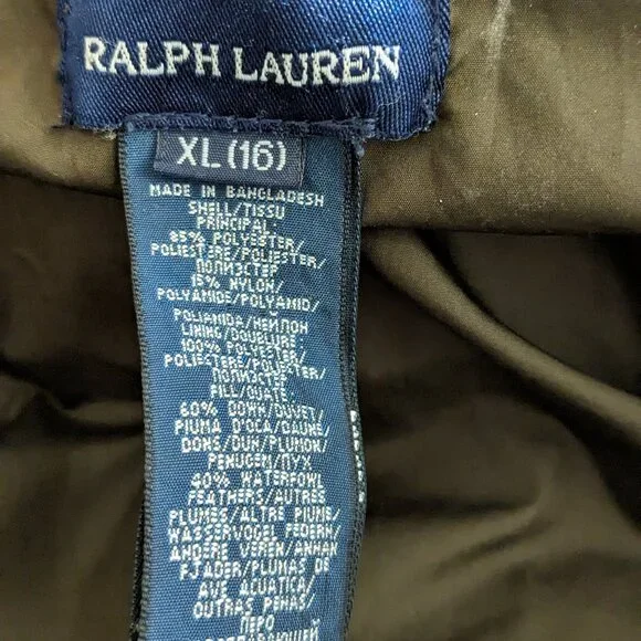 Polo Ralph Lauren Brown Puffer Quilted Coat Jacket, Kids Youth XL Size 16